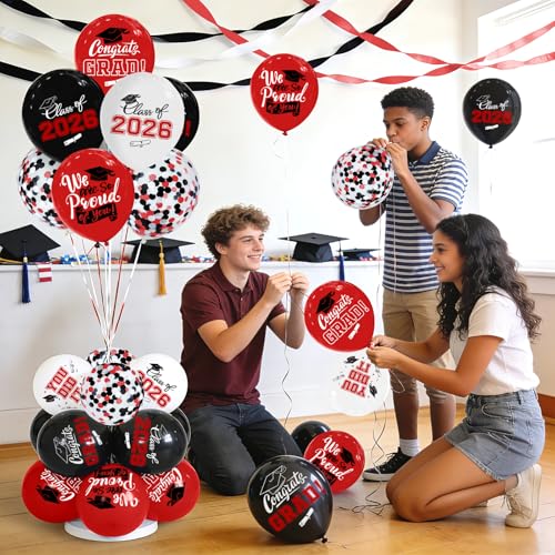 2026 Red & Black Graduation Decorations Set - 63Pcs Graduation Grad Latex Balloons with Ribbons, Congrats Grad Caps for College & High School Party Supplies by Gatherfun - Image 6
