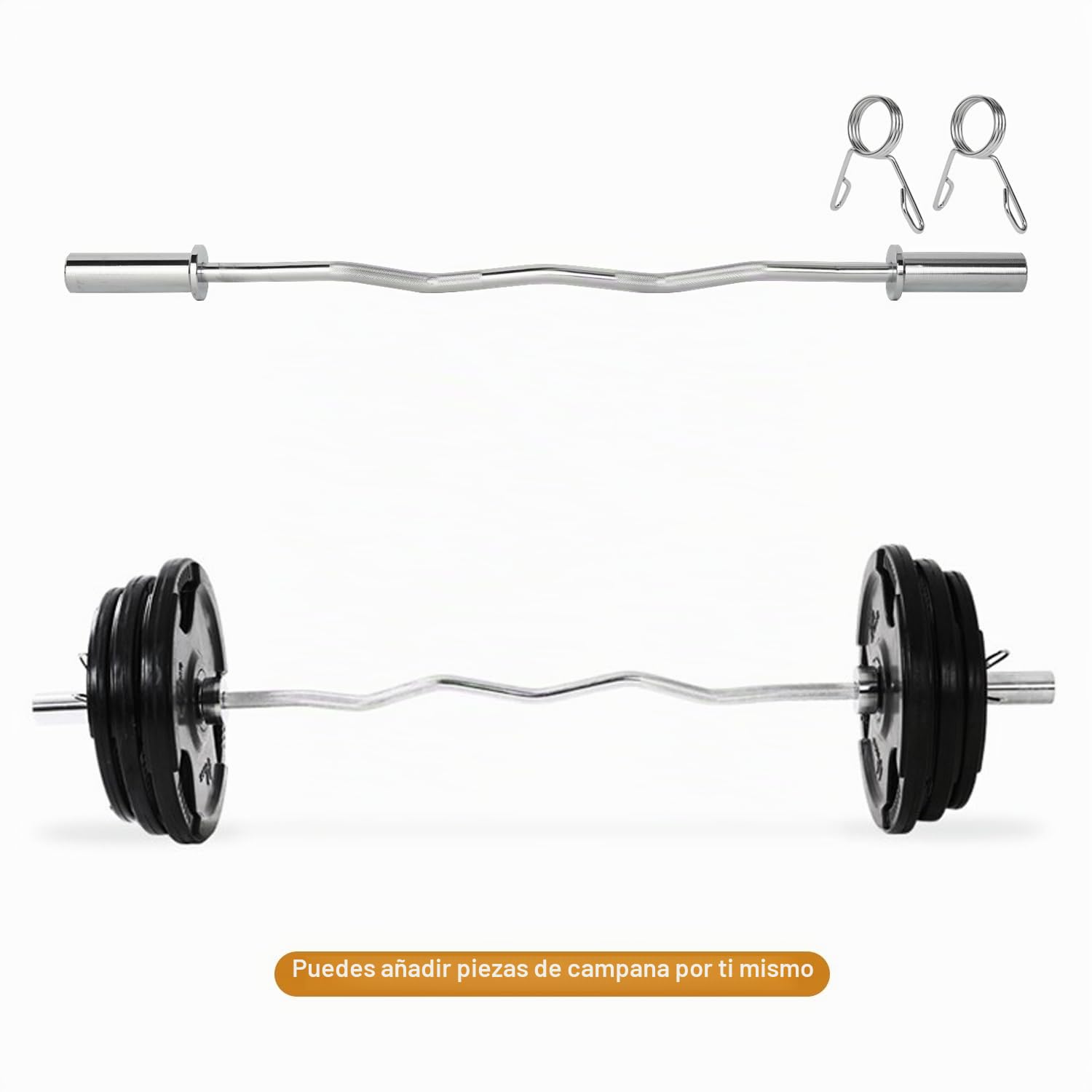 tonchean Barra curva EZ de 47 pulgadas/34 pulgadas para discos de peso de 2 pulgadas/1 pulgada, barra de pesas de acero para levantamiento de pesas, barra de tríceps con 2 collares de resorte para