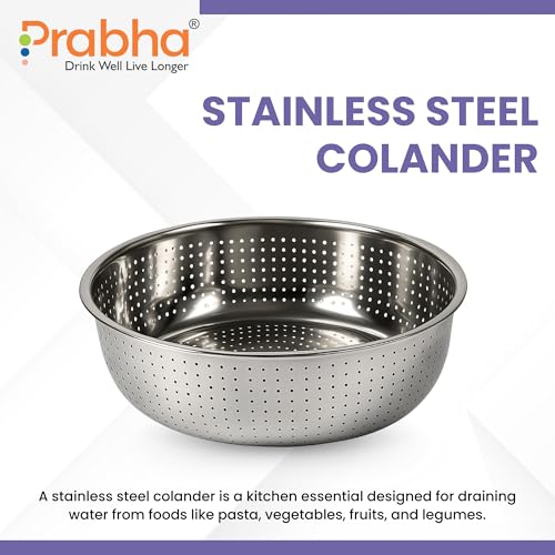 Image of Prabha Colander Stainless Steel Strainer Sieves 30cm | Kitchen Strainer with Handle-Essential Kitchen | Colanders Bowl, Basket | Colander for Rice Straining Washing Fruits, Vegetables, Silver
