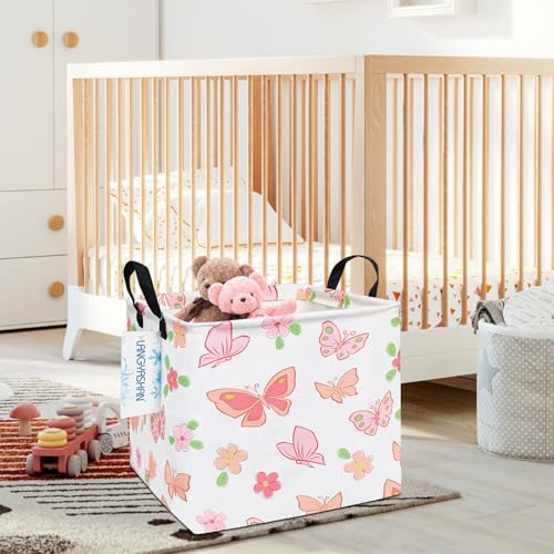 Image of Square Storage Baskets Children Shelves Gift Toy Organizer Room Butterfly | Laundry Hamper Collapse Canvas with Handles for Organizing Home Kitchen Children Toys Office Closet Shelf