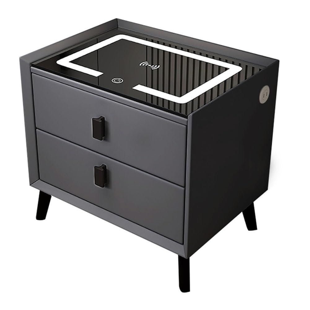ASerZenith Tempered Glass Top Nightstand With Charging Station,Bedside Tables With Led Lights,W/2 Drawers For Bedroom,Dark Gray-50X40Cm