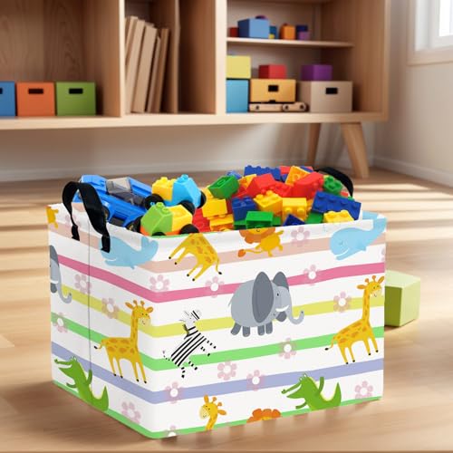 Image of Cute Rectangle Woodland Animal Baby Girl Basket Nursery Playroom Bedroom Decor Clothes Toy Storage Basket Linen Canvas Colorful Animals