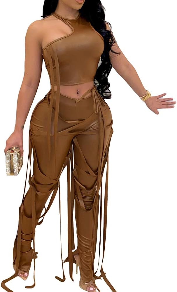 MESLIMA Women's Bandage 2 Piece Elastic Irregular Tank Top Solid Lace Up Bodycon Split Long Pant Sets Clubwear Coffee Large
