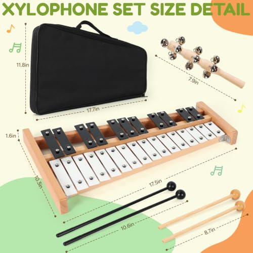 Image of lotmusic Xylophone for Kids, Glockenspiel Xylophone 27 Note Percussion Kit Musical Instruments with Soogbook & Carry Bag for Toddlers Adults, Birthday Educational Gift Metal Keys (White & Black)