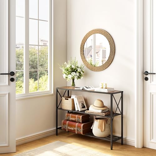 Image of Hoctieon Industrial Console Table, 3 Tier Entryway Table, Hallway Table, Narrow Sofa Table with Shelves, Entrance Table for Entryway, Living Room, Foyer, Hallway, Office, Rustic Brown&Black