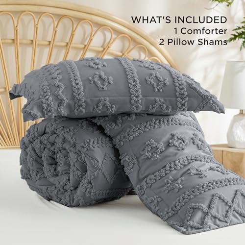 Bedsure Tufted Boho Comforter Set King Size - Grey Boho Bed Set, GentleSoft™ 3 Pieces Farmhouse Shabby Chic Embroidery Bedding, Gifts for Woman, Soft Jacquard King Comforter for All Seasons