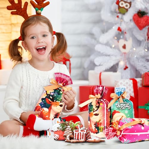 AhfuLife 48 Stück Weihnachten Kordelzug Süßigkeiten Tüten, Kleine Weihnachten Kordelzug Geschenkbeutel Weihnachtstüte für Kinder Weihnachts Festlich Kekse Gebäck Kleine Geschenke Adventskalender