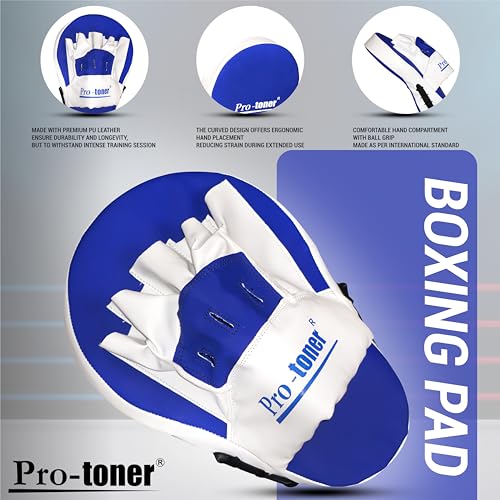 Image of Pro-Toner Boxing Focus Pads, Curved Maya Hide Leather, Hook and Jab Target Hand Pads, Black and White (Blue)