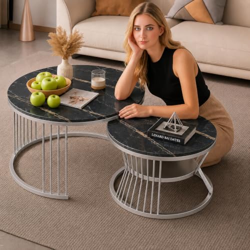 Image of Brown Art SHOPPEE Round Coffee Table Home Decor Furniture Coffee Table Sets,2 Piece MDF Top,Stacking Nesting Table with Iron Frame for Living Room Living Room or Lounge (Silver Black)