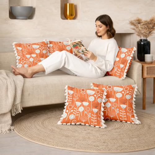 Image of STITCHNEST 'Little Meadow Series' Tassled Cushion Cover | Set of 2 | Floral Cushion Cover 24 inch x 24 inch