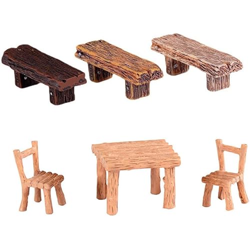 2 Set Miniature Fairy Garden Figurines Miniatures Table Bench Chairs Set-Resin Chair Micro Landscape Ornaments Home Decorations Decor Room Desk Accessories (1set Bench 1set Chair)