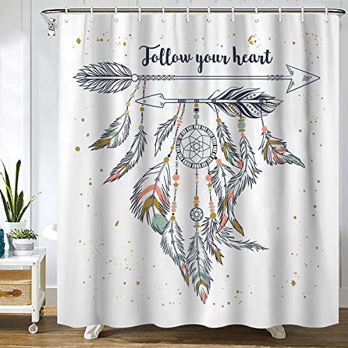 Spxubz Follow Your Heart Shower Curtain Set 72X72 Inch Heart Bead Curtain Boho With Tribal Ethnic Dreamcatcher Arrow Indian Motifs Feather Bathroom Decor Fabric Curtain Sets With 12 Hooks cover