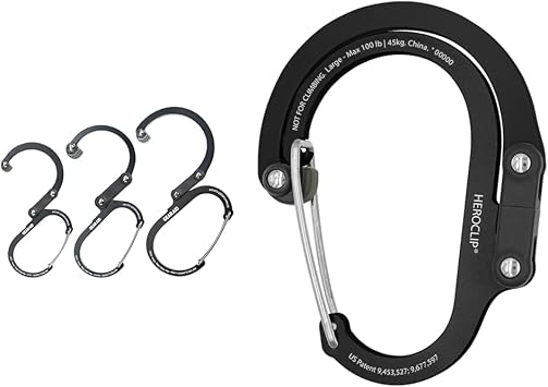 GEAR AID HEROCLIP Carabiner كليب وخطاف متوسطة، صغيرة، مصغرة & HEROCLIP Carabiner كليب وخطاف كبير للتخييم، على ظهره، والتنظيم، والمرآب، الشبح الأسود
