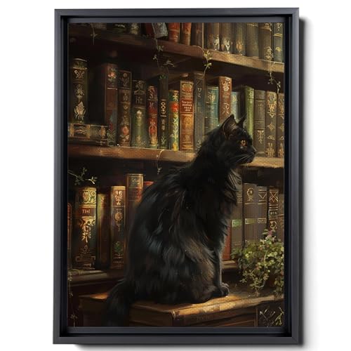 Black Cat In Cottage Library Art Print, Dark Academia Cat