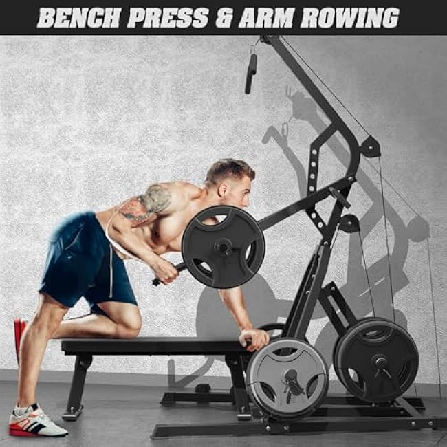 DONOW Leverage Gym Power Rack Squat Rack Lever Gym with LAT Low Row System Home Gym System Workout Station 2:1 Ratio (Without Weight Plates)