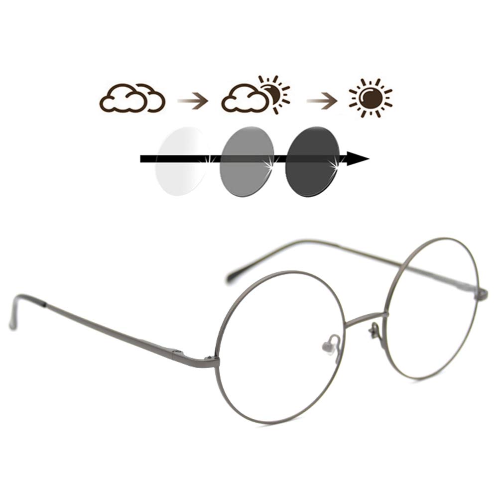MANG Photochrome Lesebrille, Damen/Herren Lesehilfe Brille, Retro Runde Blaulichtfilter, Metallrahmen Mode Sonnenbrille, Anti UV Fatigue Sehhilfe, Ultraleichte Komfortabel