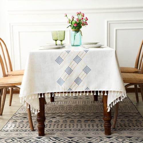 Homxi Nappe Exterieur Rectangle Jardin 110 W x 170 L CM,Nappe Deco Bleu Broderie Géométrique avec Glands Polyester Nappe Interieur