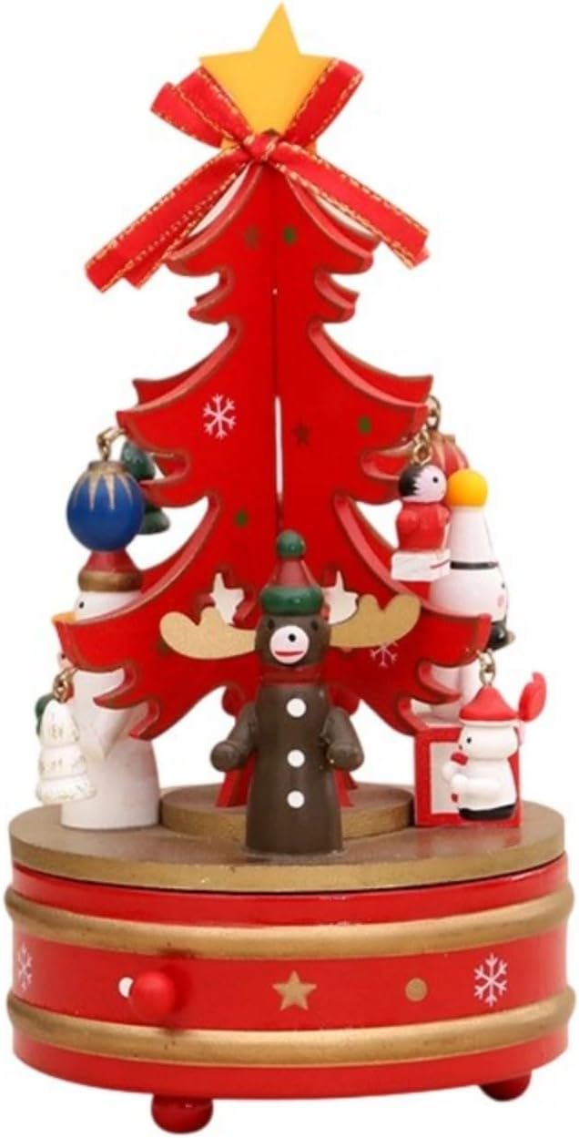Classical Wooden Rotating Christmas Tree Music Box with Figurine Ornaments Handcrafted Holiday Decors for Family Gatherings Rotating Holiday Music Box