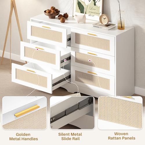 Image of Redlife White Dresser for Bedroom, 6 Drawer Dresser with Golden Handles, Wood Storage Chest of Drawers for Closet, Living Room, Hallway and Entryway - Easy Assembly