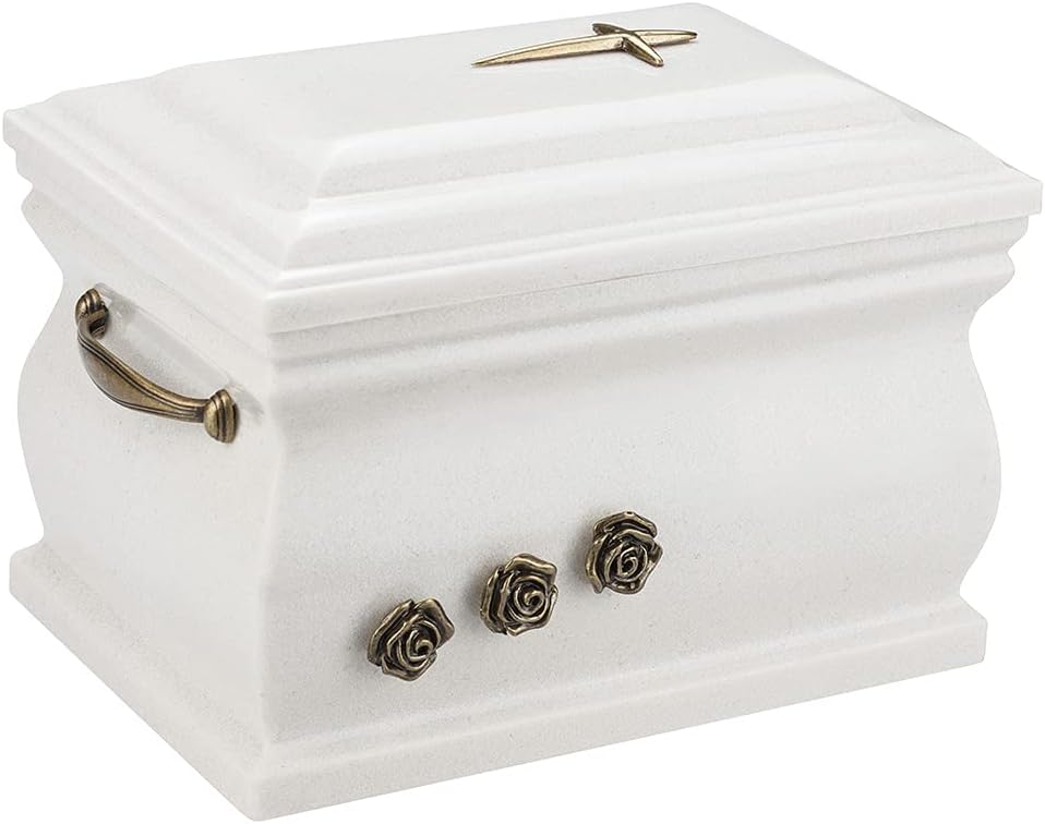 Granite Casket Cremation Ashes Urn for Adult with Calla Lily, Funeral Memorial Urn for Human Ashes, White Color (Calla Lily/Cross)