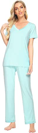 WiWi Women's Bamboo Viscose Pajama Set - Soft V-Neck Short Sleeve Sleepwear Top & Pants, S-XXL