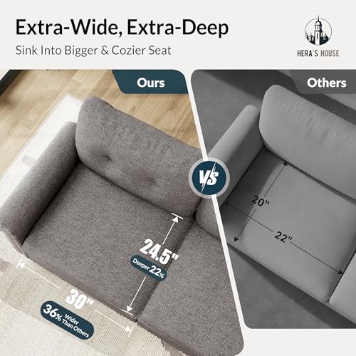 Image of HERA'S HOUSE Modular Sectional Sofa Set for Living Room 2-Piece Deep Seats | Mid-Century Modern 5-Seater Cloud Sofa Set, Dark Grey, Rolled Arms & Nailhead Trim, Wider Seats, Soft Linen Furniture Set