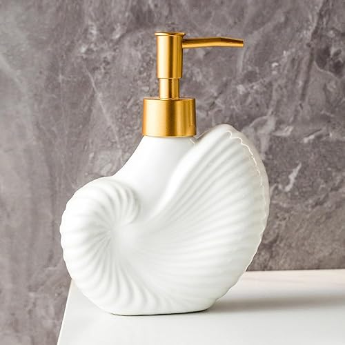Miniatura 5 de Dispensador de jabón de cerámica en forma de concha lindo, blanco con cabeza de bomba dorada