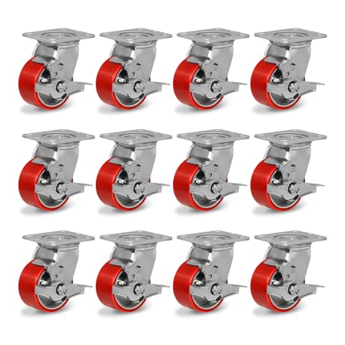 4" Heavy Duty Casters, Polyurethane Industrial Caster Wheels, Top Plate Swivel Casters with Brake(12 Brake)