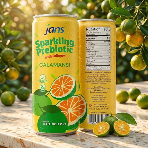 Image of Jans Sparkling Prebiotic Soda Beverage - Calamansi 8.4 Fl Oz (24-Pack) - Low Calorie, NO Added Sugar, Non-GMO Sparkling Fruit Beverage, Gut Health Support