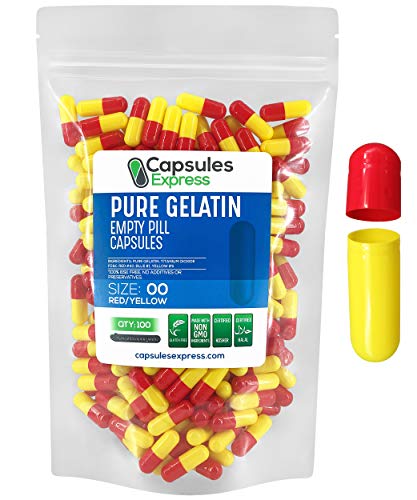 Capsules Express- Size 00 Red and Yellow Empty Gelatin Capsules 100 Count - Kosher and Halal - Pure Gelatin Pill Capsule - DIY Powder Filling