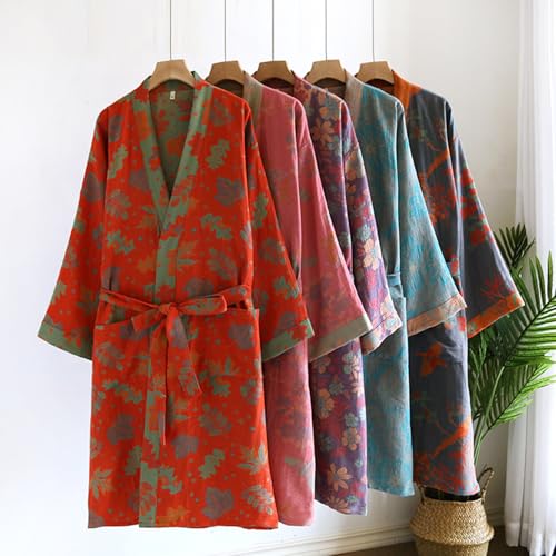 Cotton Double Gauze Traditional Hanfu Midi-length Nightdress Printing Tie-belt Bathrobe Loose Pajamas Comfortable Nightgown Sweat Steaming Yukata Sauna Suit Kimono for Women Large(Green Leaf)3