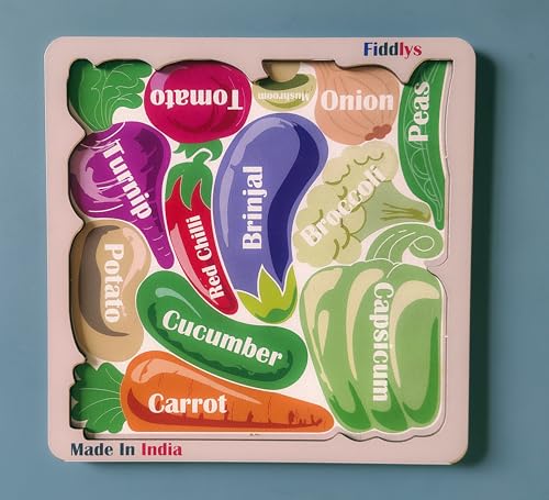Image of Fiddlys Wooden Educational Jigsaw Puzzles for Toddlers & Preschoolers, Double Layered Wooden Puzzles with Bright Front & Back Print Alphabet Shapes and Numbers Learning, Toy (Vegetable)