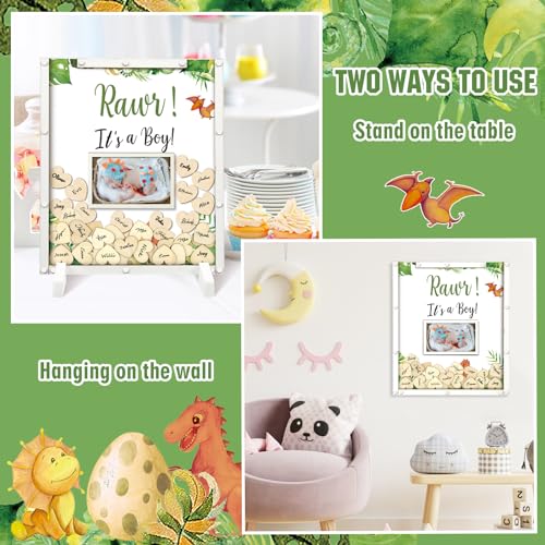 Image of Beeveer 65 Pcs Dinosaur Baby Shower Guest Book Alternatives Baby Shower Sign in Guest Book Decoration with 1 Photo Frame 60 Heart Wood Slices for 60 Guests Sonogram Frame Keepsake for BabyShower