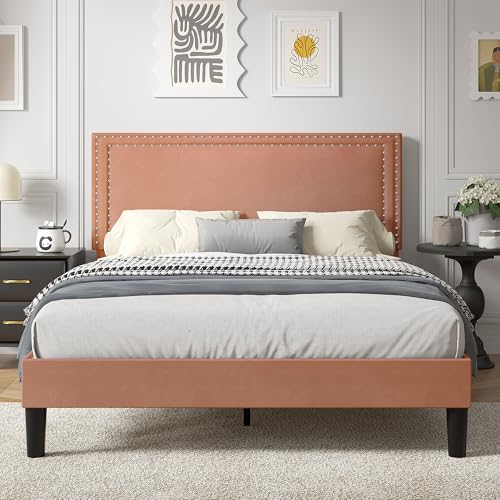 Image of VECELO Full Size Platform Bed Frame with Height Adjustable Upholstered Headboard, Modern Mattress Foundation,Strong Wood Slat Support, No Box Spring Needed, Easy Assembly,Brown