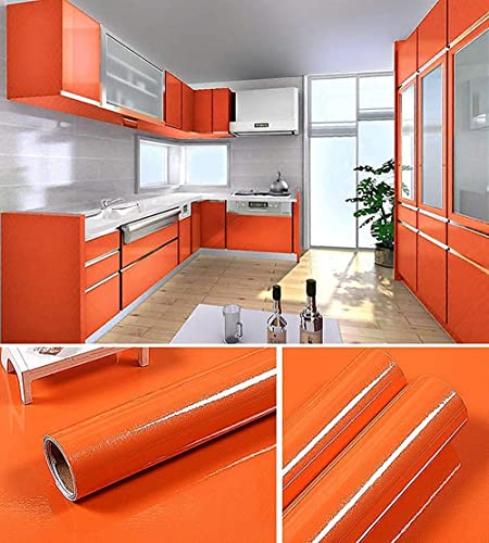 Image of HOME13 Glossy Orange Wallpaper Peel & Stick Waterproof Self Adhesive Removable Vinyl Wallpaper for Kitchen Cabinet Furniture Countertop (24x480 Inch)