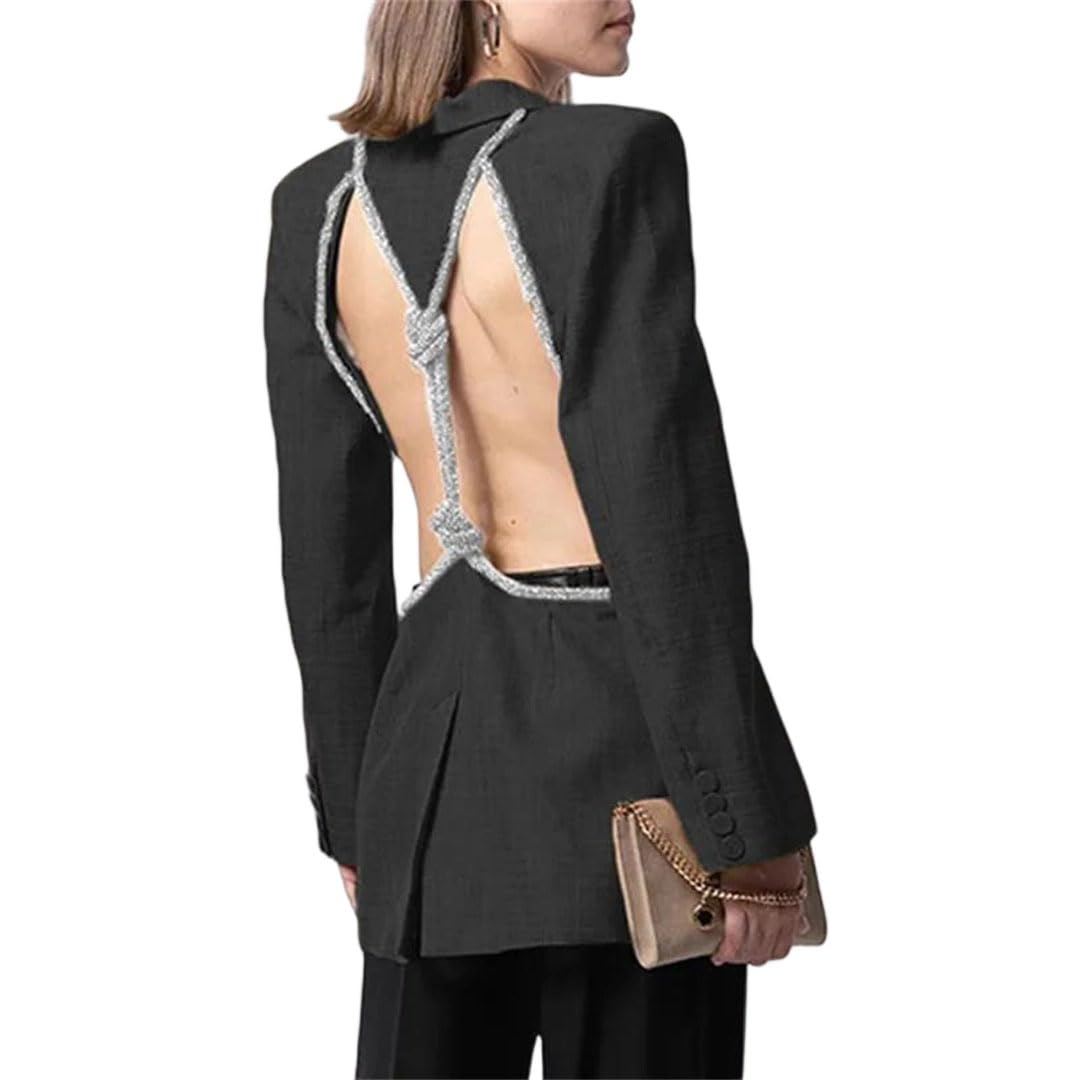 Womens Rhinestones Backless Design Suit Blazer Hollow Out Single Buttons Jacket Coat