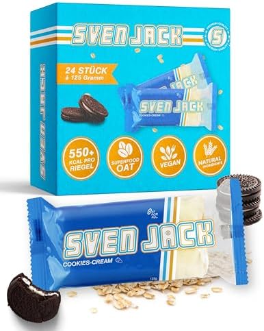 Sven Jack (Energy Cake) - Cookies-Cream 24x 125g (3kg) - Fitness Riegel aus Haferflocken mit langkettigen Kohlenhydraten – Energieriegel Sattmacher für den Alltag & unglaublichem G