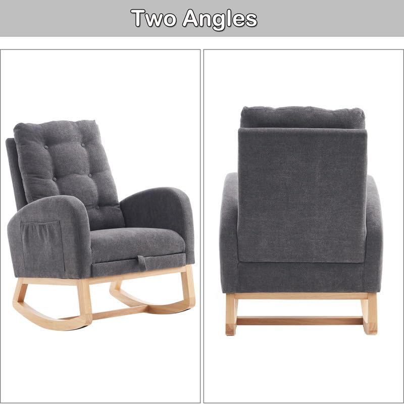Image of Rocking Chair with Foot Rest, Nursery Rocking Chairs with Rubber Wood Legs, High Back Pocket Modern Upholstered Glider Chair, Comfy Accent Rocker Armchair for Living Room Bedroom,Dark Grey