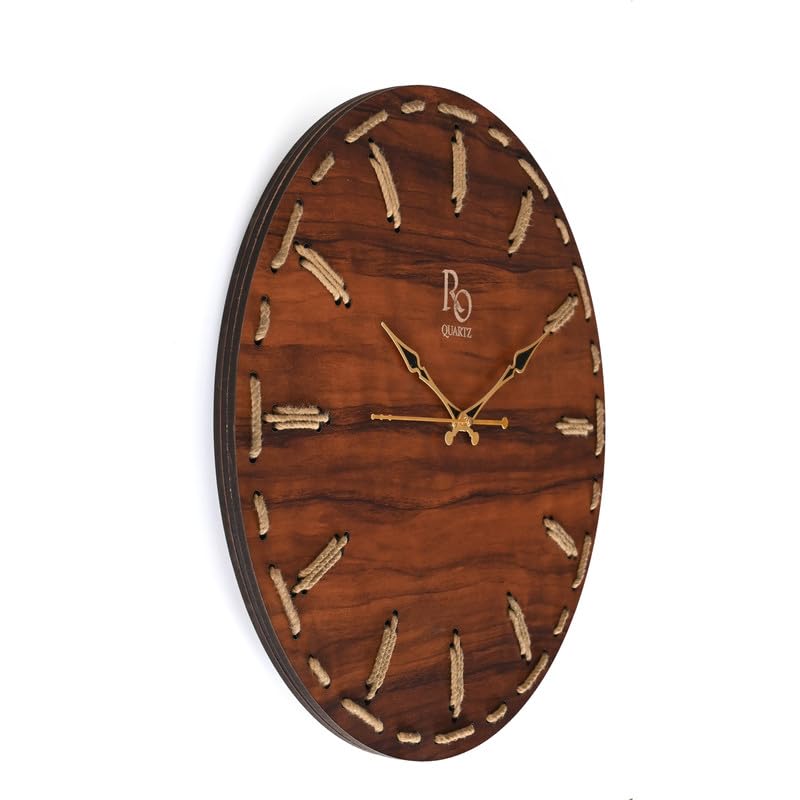 Image of Wooden Round Shape Wall Clock With Golden Hands and Golden Jute Rope Detailing | Elegant Silent Quartz Movement Anti Reflection Analog Vintage Clock for Home and Office (Brown, 15.5 Inch)