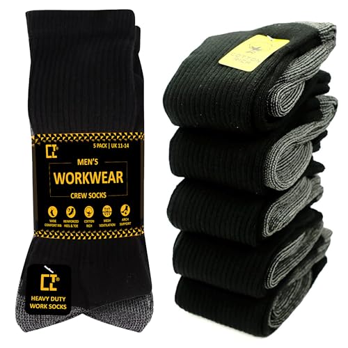 CTL® 5 Pairs Men's Big Foot Work Socks UK Size 11-14 Pack of Long Boot Full Cushion Force Performance With Reinforced Heel & Toe For All Seasons Black