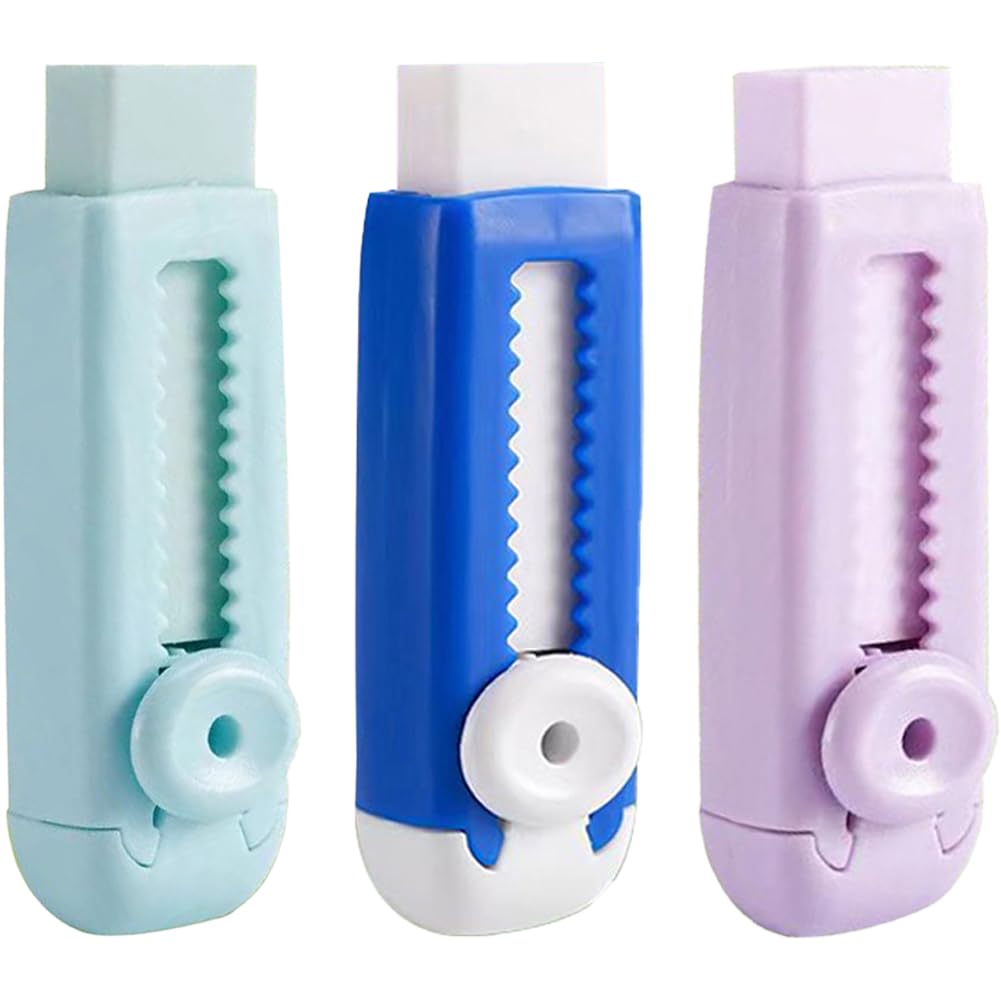 Ymxygz 3pcs Sliding Retractable Click Pencil Eraser Push Pull Erasers with Plastic Sleeve for Students Kids, School Office Home Supplies