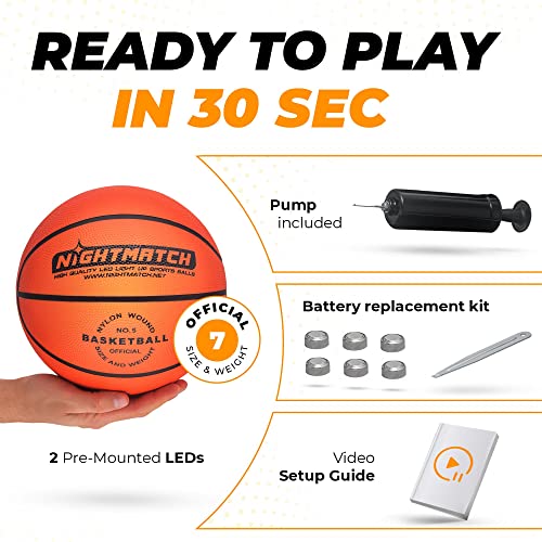 Nightmatch Premium Led Light Up Basketball - Perfect Glow In The Dark Basketball Size 5 With 2 Leds, 8 Batteries & 1 Pump - Glow Basketball With Water Resistance - Birthday & Christmas Gifts For Kids #TOP2