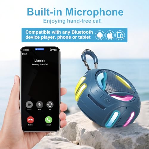 Image of Portable Bluetooth Speaker, IPX7 Waterproof Shower Speaker, Wireless Outdoor Speakers, Floating, Built-in Mic, 24H Playtime with LED Lights, Loud HD Sound, Powerful Bass, Gifts for Unisex - Blue