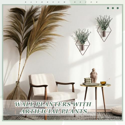Image of Jexine 4 Pcs Hanging Planters with Artificial Eucalyptus Metal Hanging Vase Indoor Plants Holder Modern Geometric Boho Bathroom Wall Decor for Living Room Home Office, Bronze