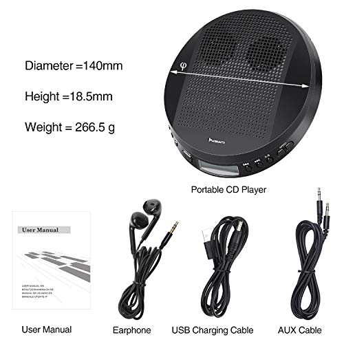 Portable CD Player with Stereo Speakers and Headphones, Personal Compact Disc CD Player with LCD Display, Anti-Skip/Shockproof Protection and 3.5mm AUX Cable