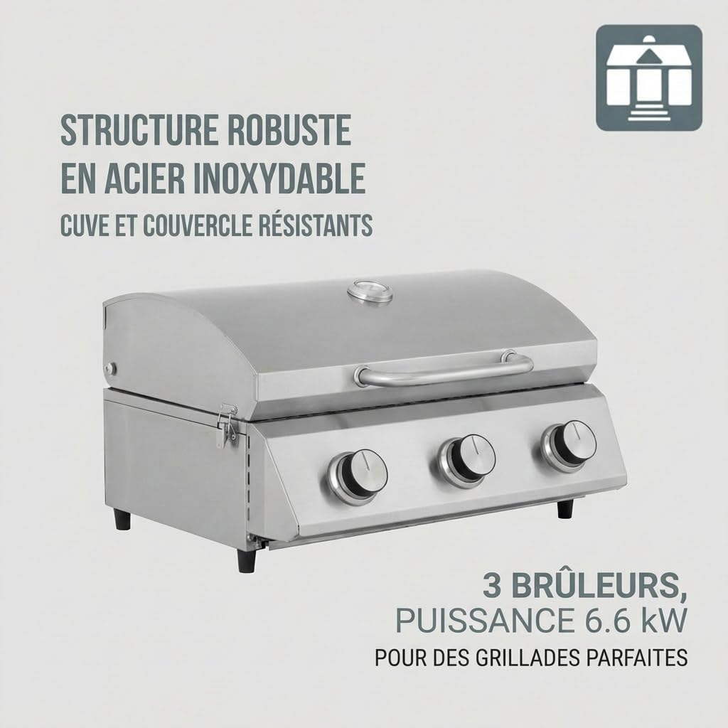 Tarrington House Barbecue à Gaz Portable CATHAN 3 Brûleurs, Acier Inoxydable, 6.6 kW, Couvercle avec Thermomètre, Allumage Piézoélectrique, Argent