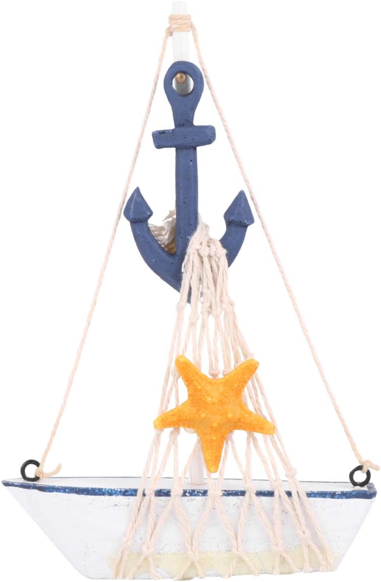 Vosarea Wooden Sail Boat Adornment Mediterranean Style Sail Boat Cotton Rope Net Sailboat Ornament (Iron Anchor Style)