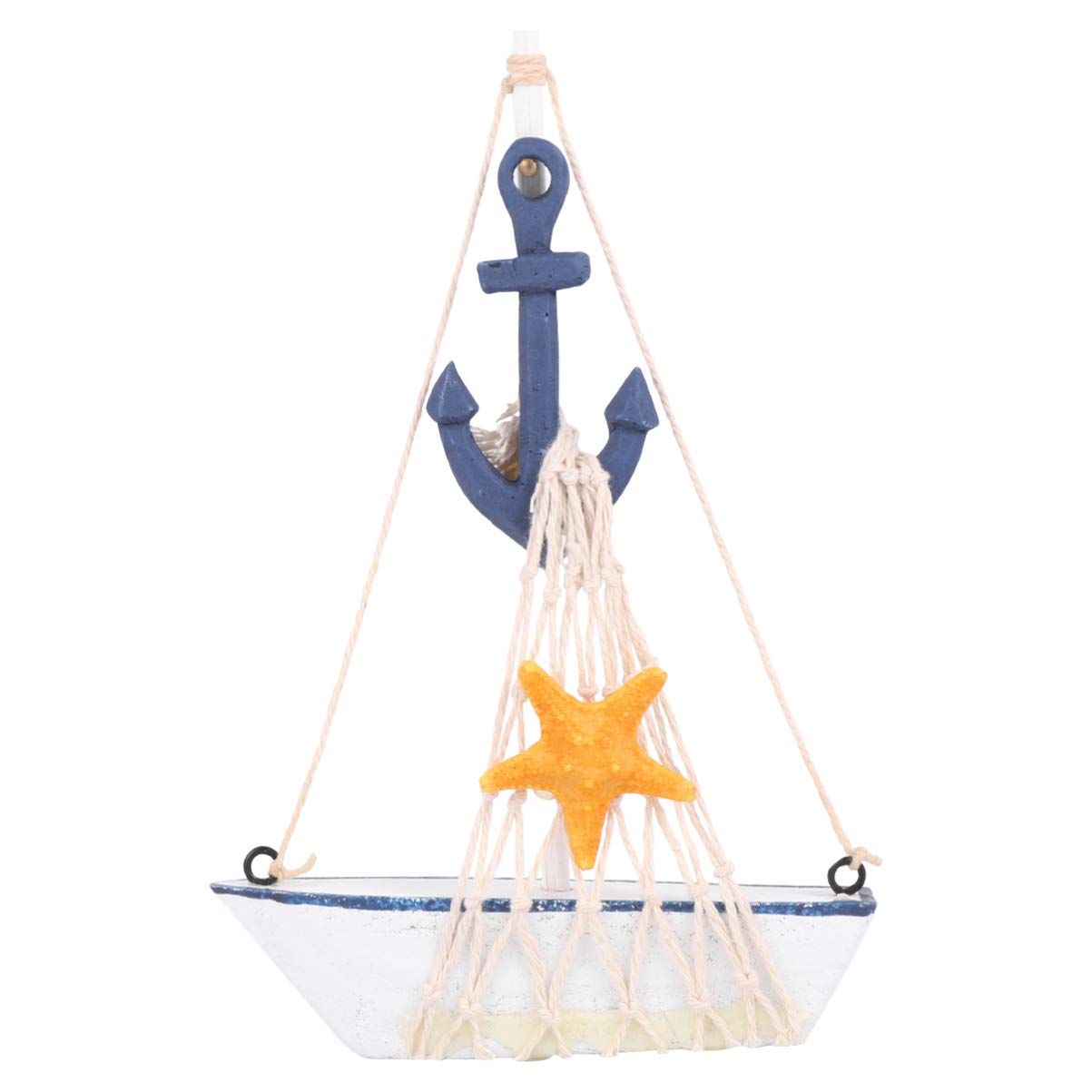 Vosarea Wooden Sail Boat Adornment Mediterranean Style Sail Boat Cotton Rope Net Sailboat Ornament (Iron Anchor Style)