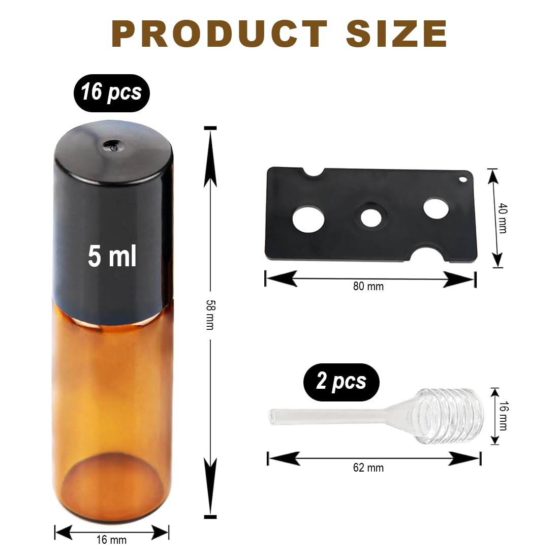 16 Pack Roll on Botella Vacía 5ml para Aceites Esenciales, Botellas de Vidrio con Rodillo de Acero Inoxidable, Vidrio Marrón para Protección contra la Luz