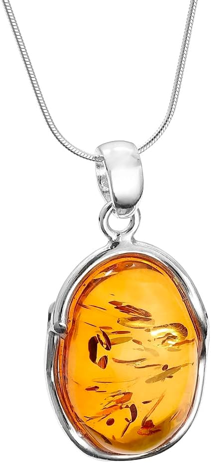 Honey Baltic Amber Handmade Oval Pendant on Sterling Silver Snake Chain